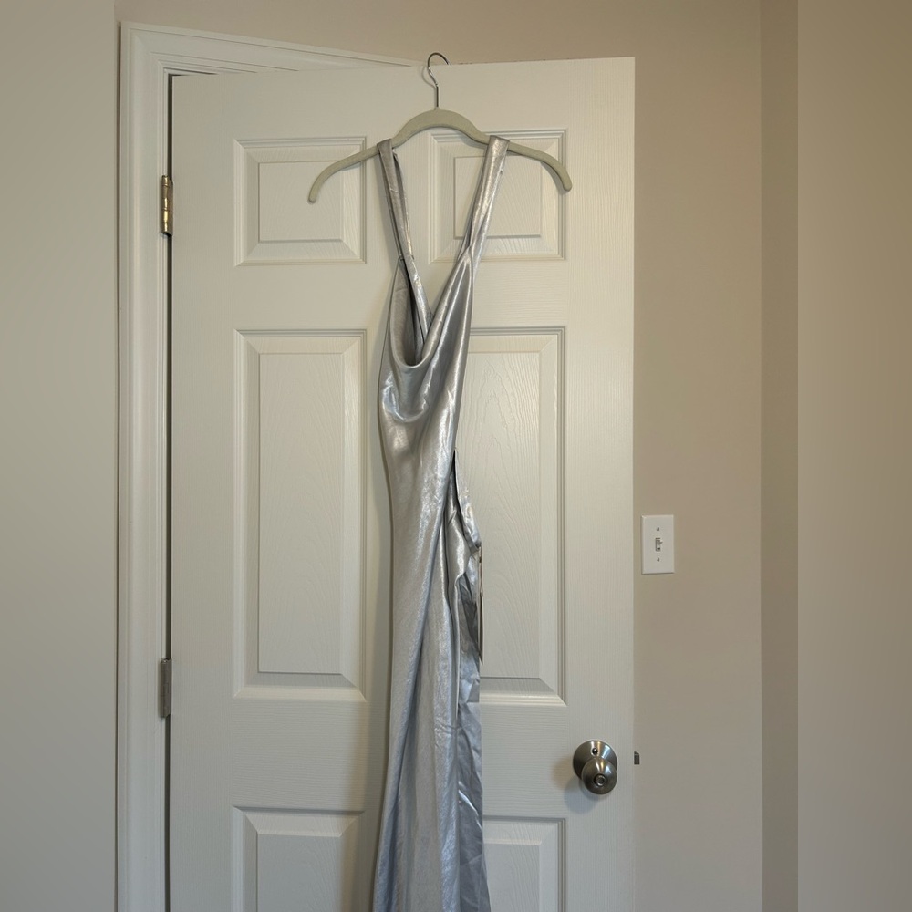 Meshki Silver Satin Backless Dress - Picture 5 of 7